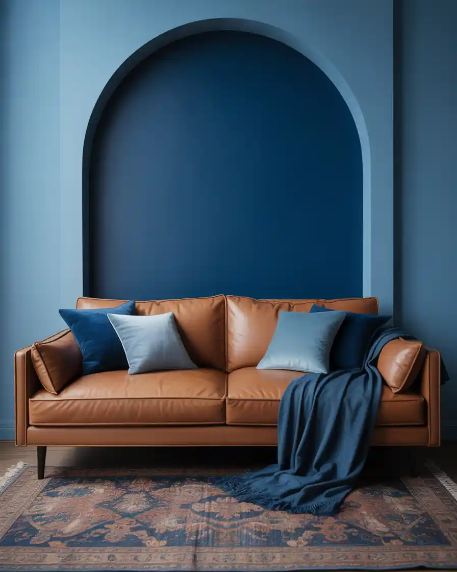 Modern living room with a mix of dark blue and brown tones, creating depth and contrast in the deco