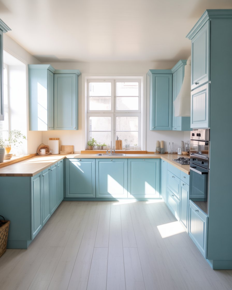 Light blue kitchen cabinets paired with white walls and light wood flooring, creating a fresh and airy kitchen atmosphere.