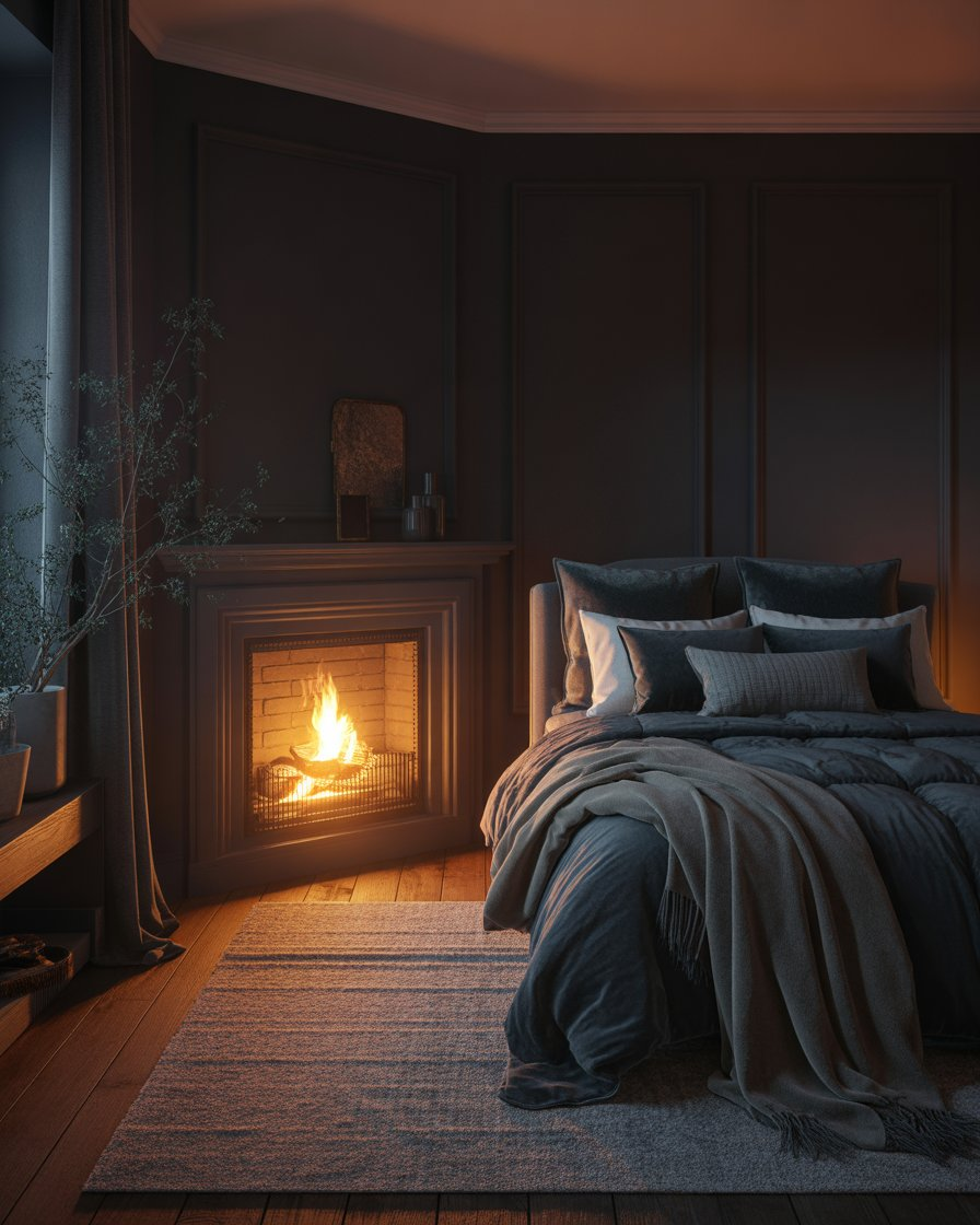 Inviting moody bedroom with a fireplace adding warmth and ambiance to the dark color scheme.
