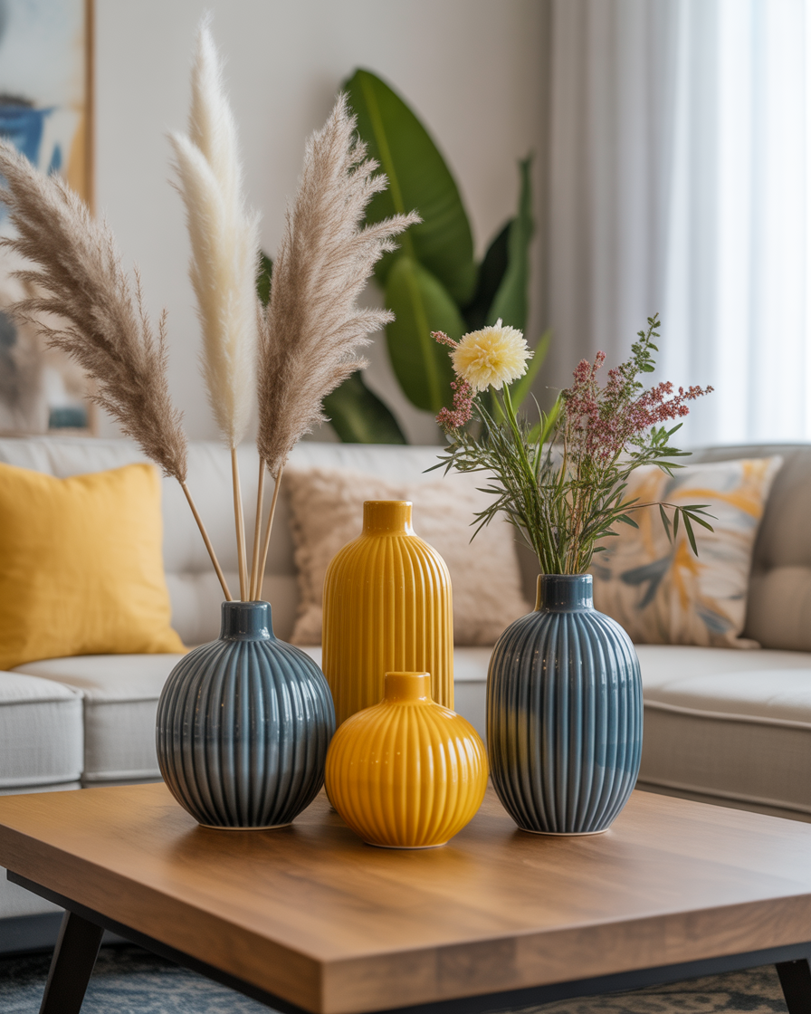Decorative blue and yellow ceramic vases adding boho charm to a living room.