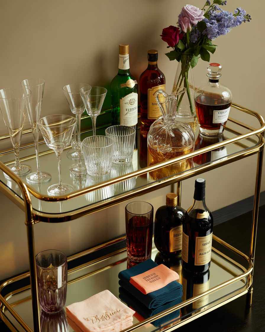 Chic bar cart with glassware and fresh flowers.