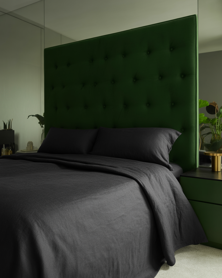 Bold statement headboard paired with black linen bedding for a modern, stylish look.