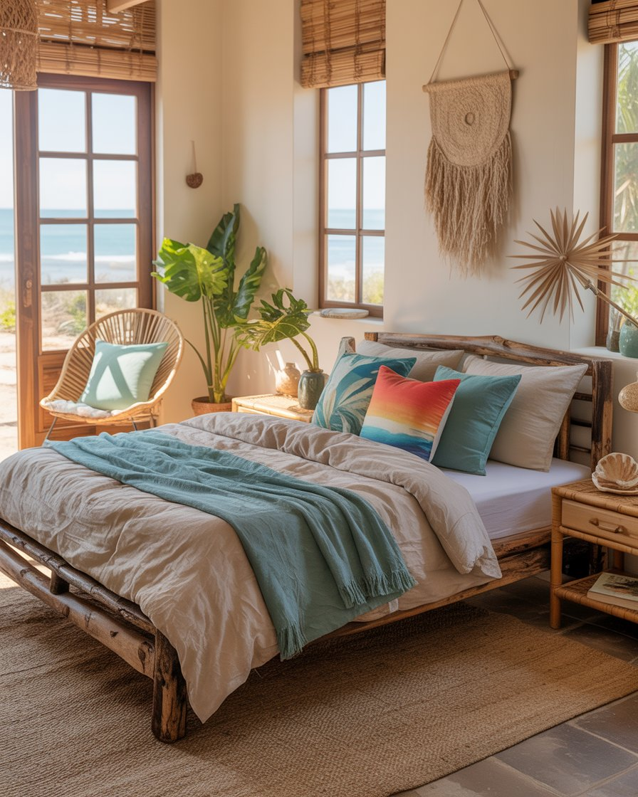 A boho coastal bedroom with wooden furniture and natural woven textures.