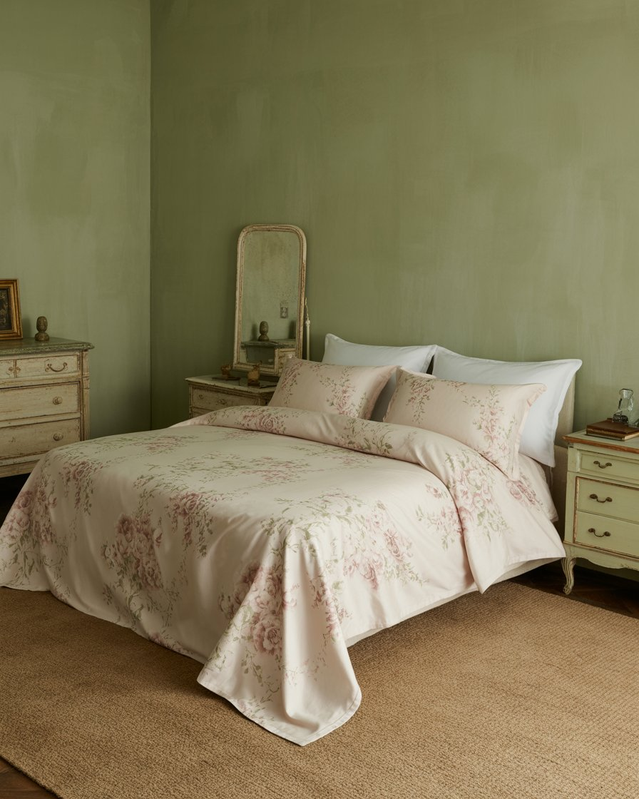Vintage-inspired bedroom featuring sage green walls and blush pink floral bedding.