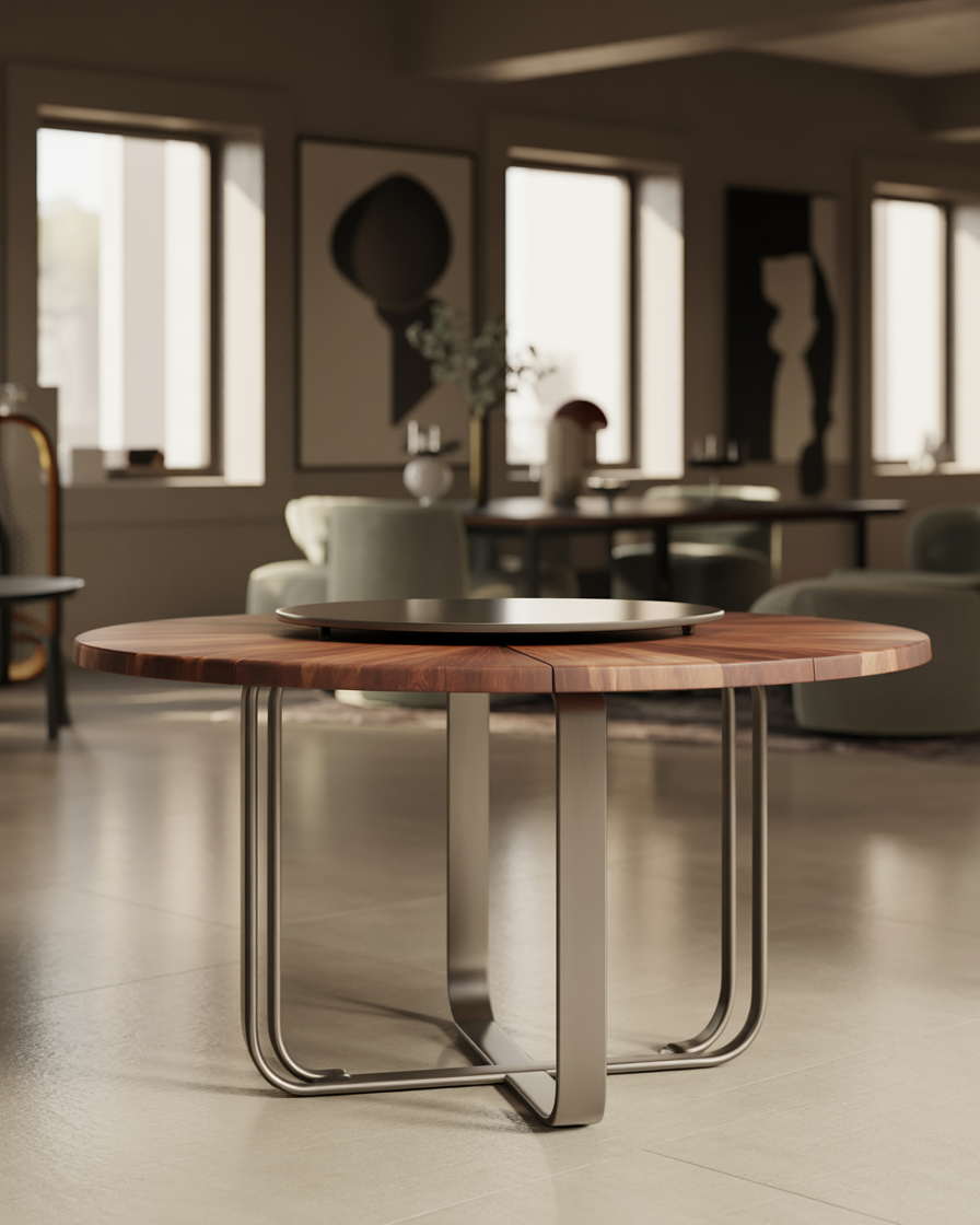 Circular mid-century dining table made of wood and metal in a stylish dining space.