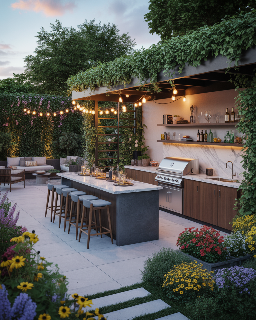 An outdoor kitchen patio with a built-in grill, bar, and vibrant garden elements.