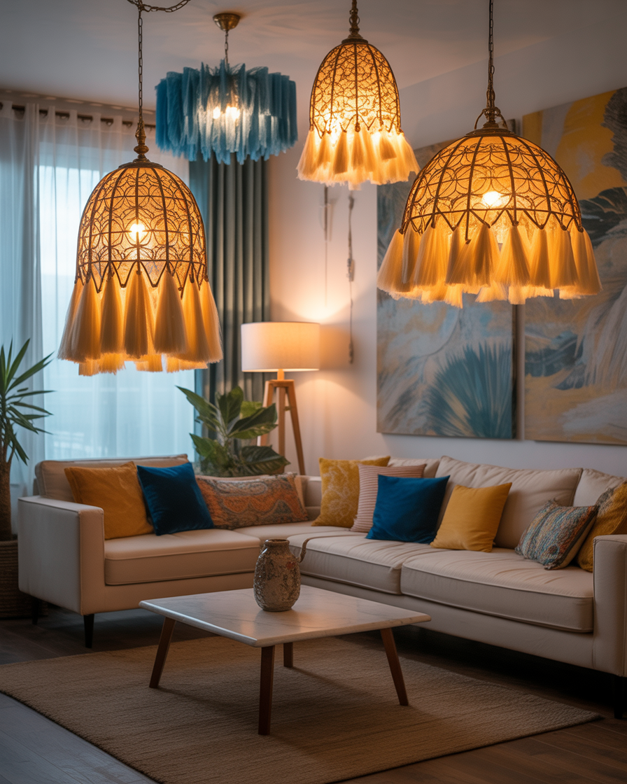 Yellow and blue boho lighting adding warmth and style to a modern living room