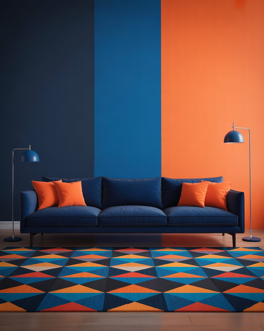 Stylish living room featuring a navy blue sofa and vibrant orange pillows for a modern aesthetic.
