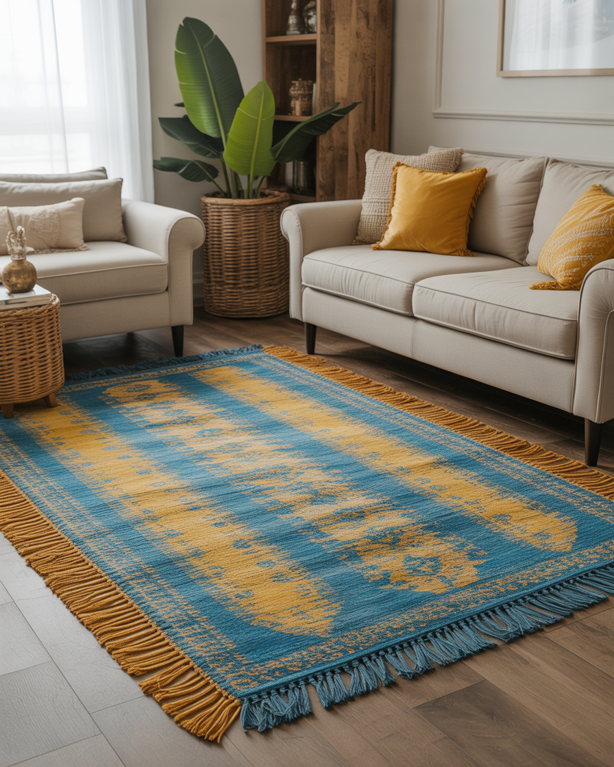 Fringed blue and yellow boho rug adding warmth and personality to a living room.