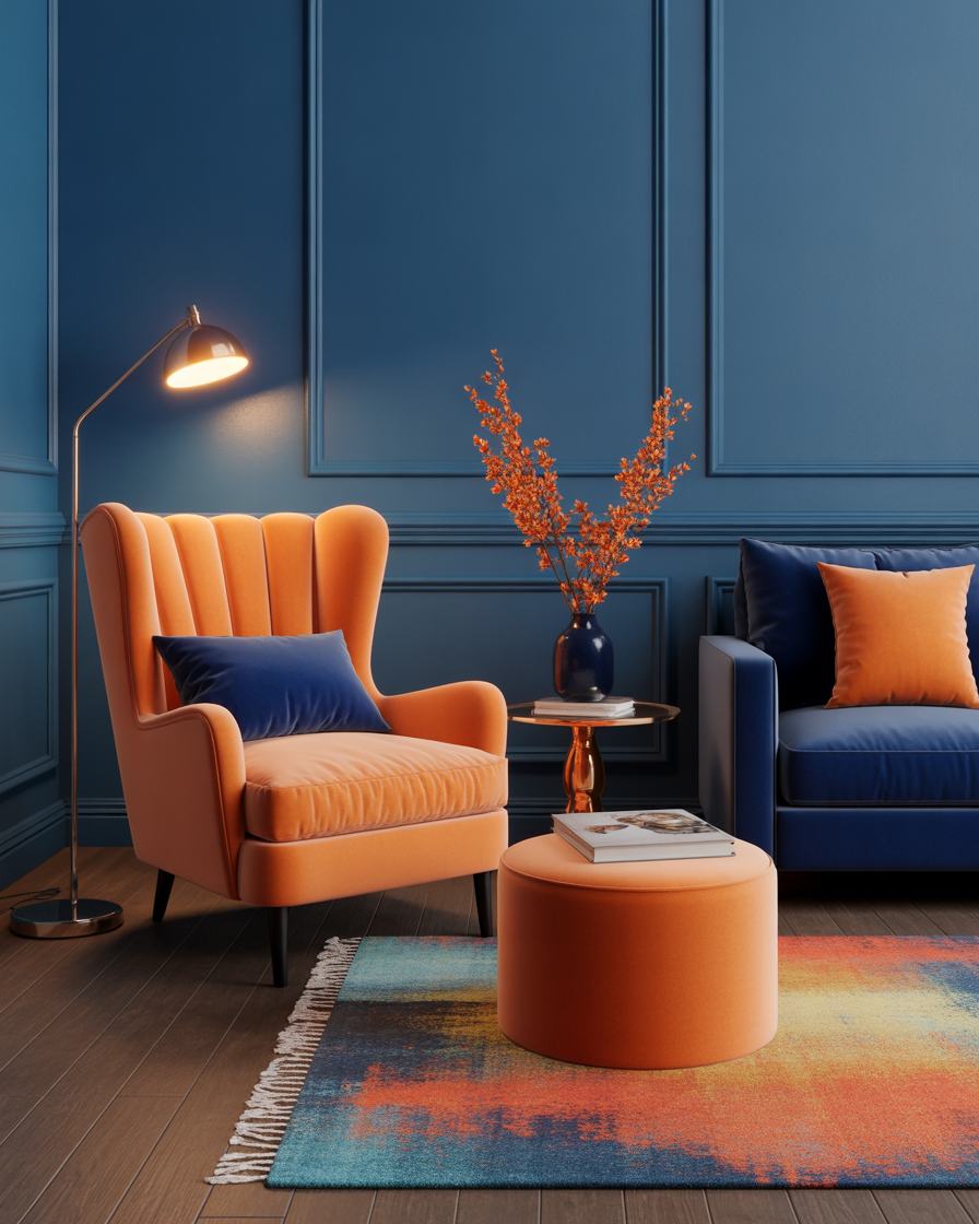 Living room with a statement orange armchair against a backdrop of blue walls, creating a vibrant contrast.