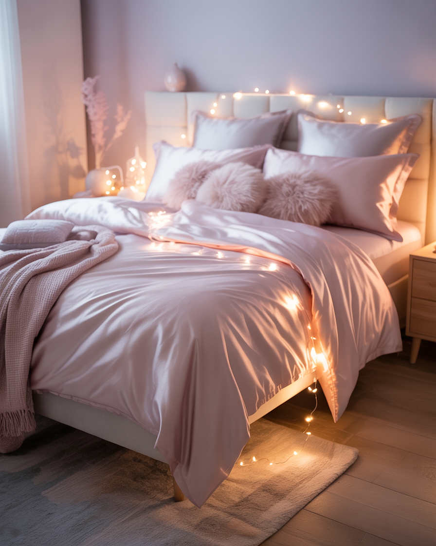 A romantic bedroom with soft pastels, fairy lights, and luxurious, cozy textiles.