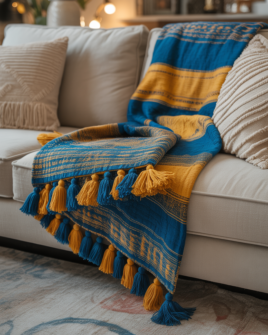 Blue and yellow boho throw blanket adding comfort and style to a living room