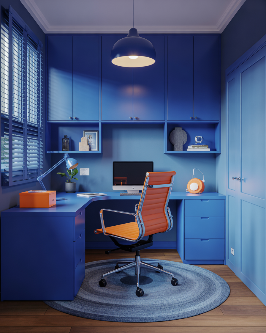 Home office with blue walls and an orange chair, creating a productive and vibrant workspace.