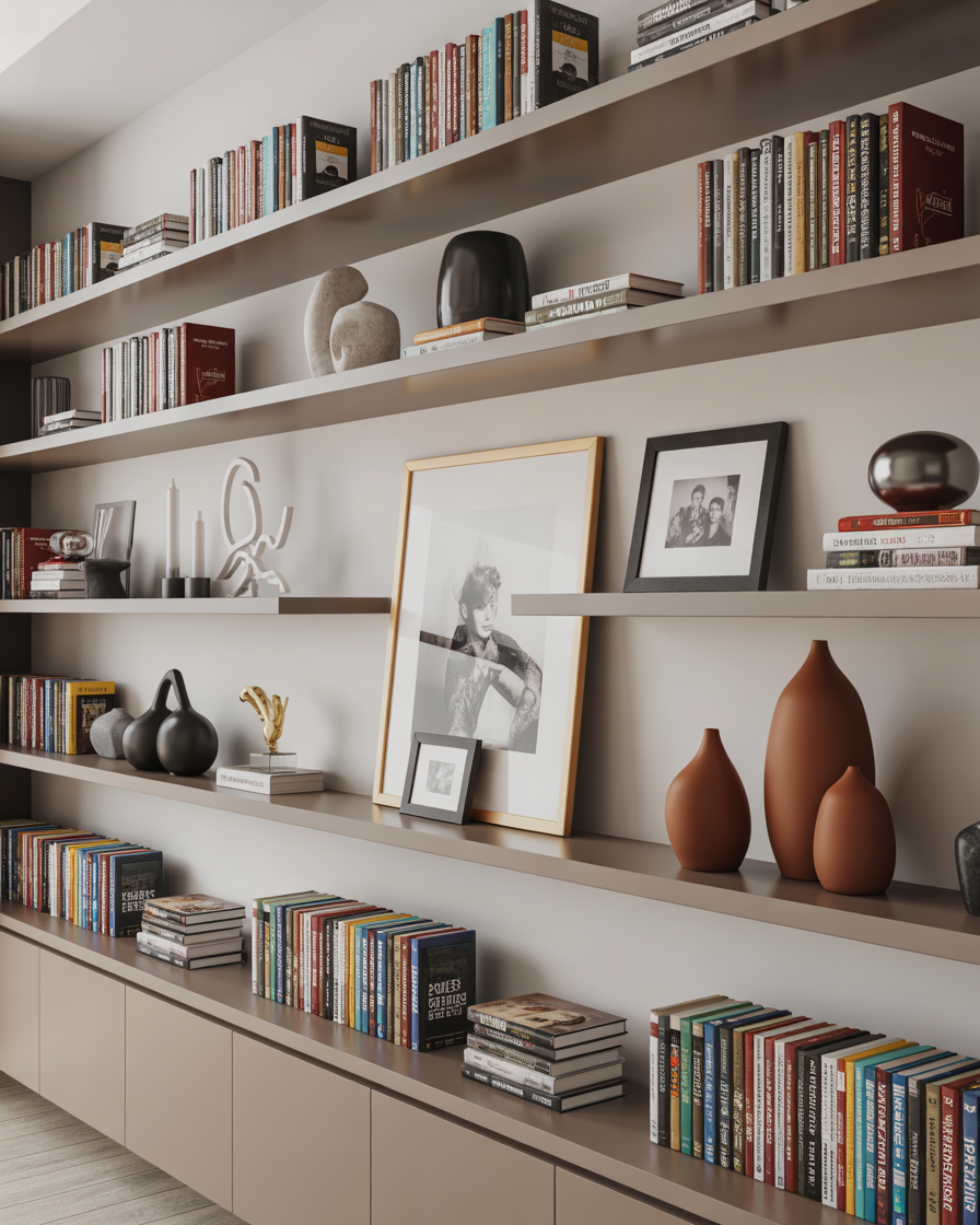 Family room with floating shelves displaying books and decorative items.