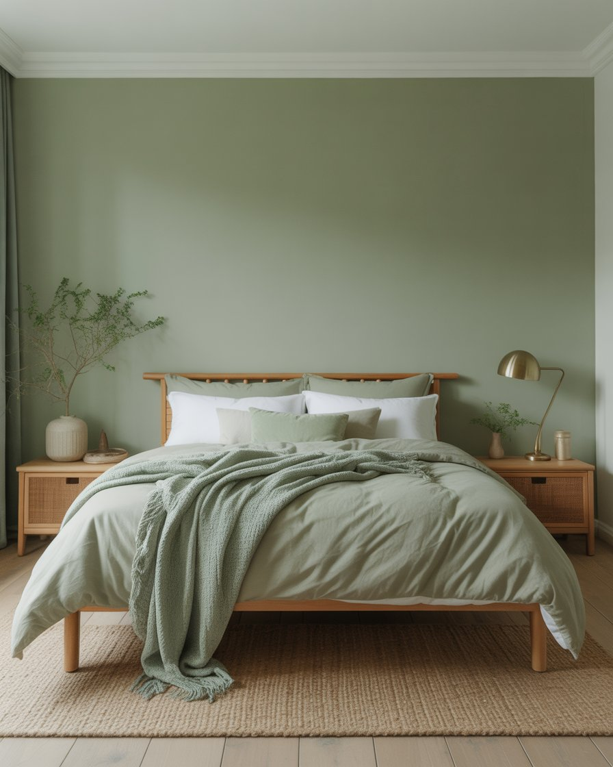 Peaceful sage green bedroom with white accents for a serene and calming atmosphere.