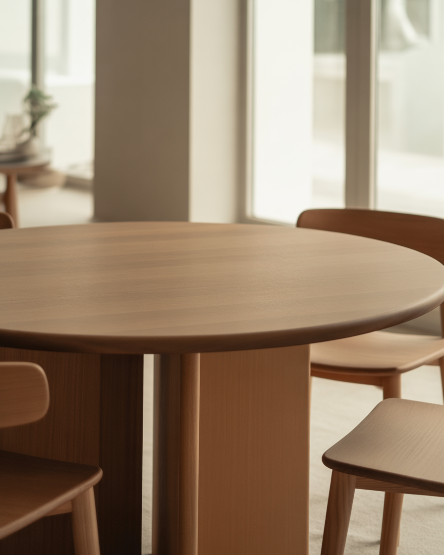 Simple round wooden dining table in a minimalist modern dining room.