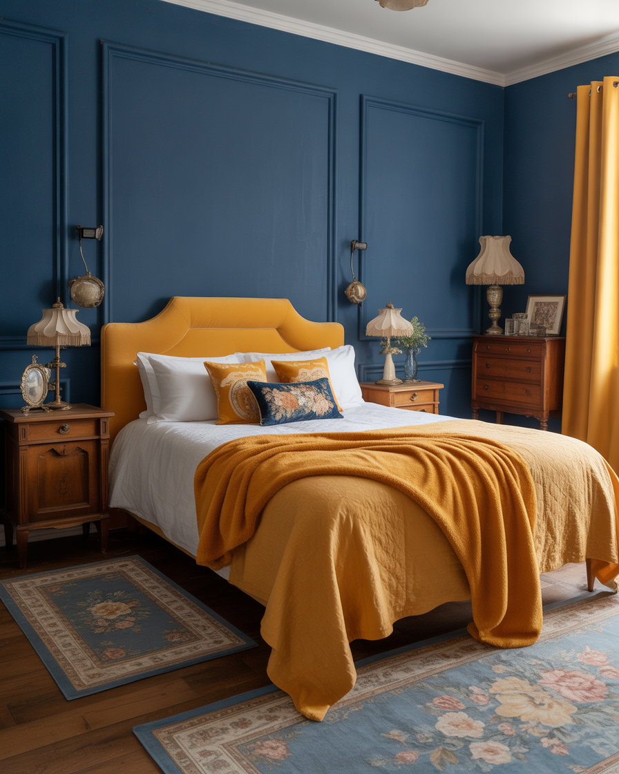 Vintage-inspired bedroom with navy blue and mustard yellow creating a cozy, timeless look.