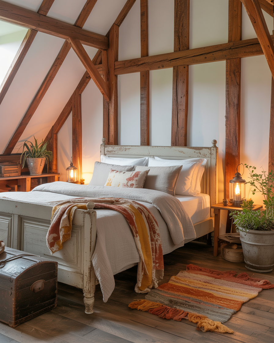 A cozy farmhouse bedroom with rustic wood accents and vintage-inspired décor.