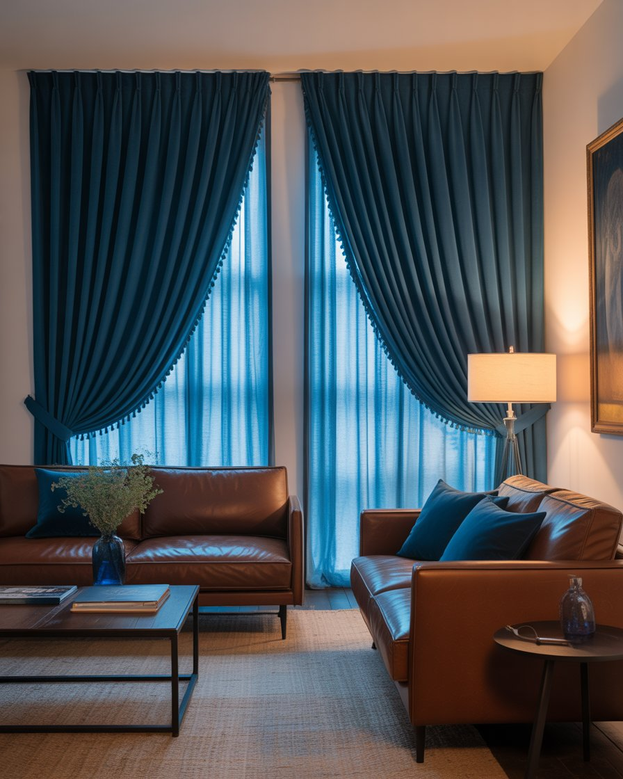Stylish living room with blue curtains and brown furniture creating an elegant, cozy atmosphere.