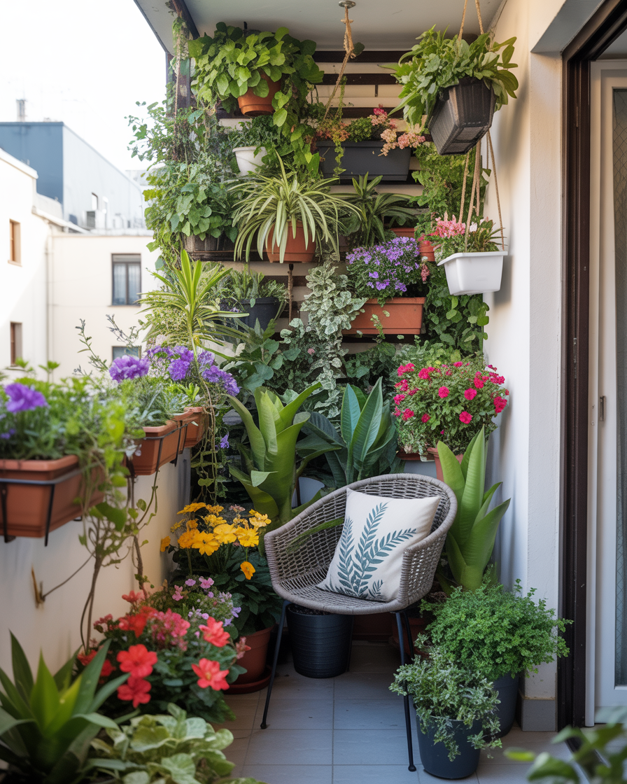 Lush potted plants on a small balcony, creating a fresh and vibrant atmosphere.