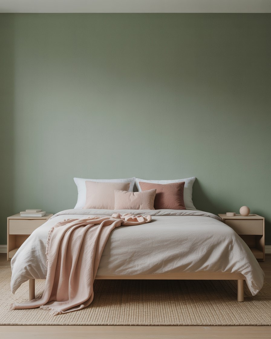 Clean, minimalist bedroom featuring sage green walls and blush accents.