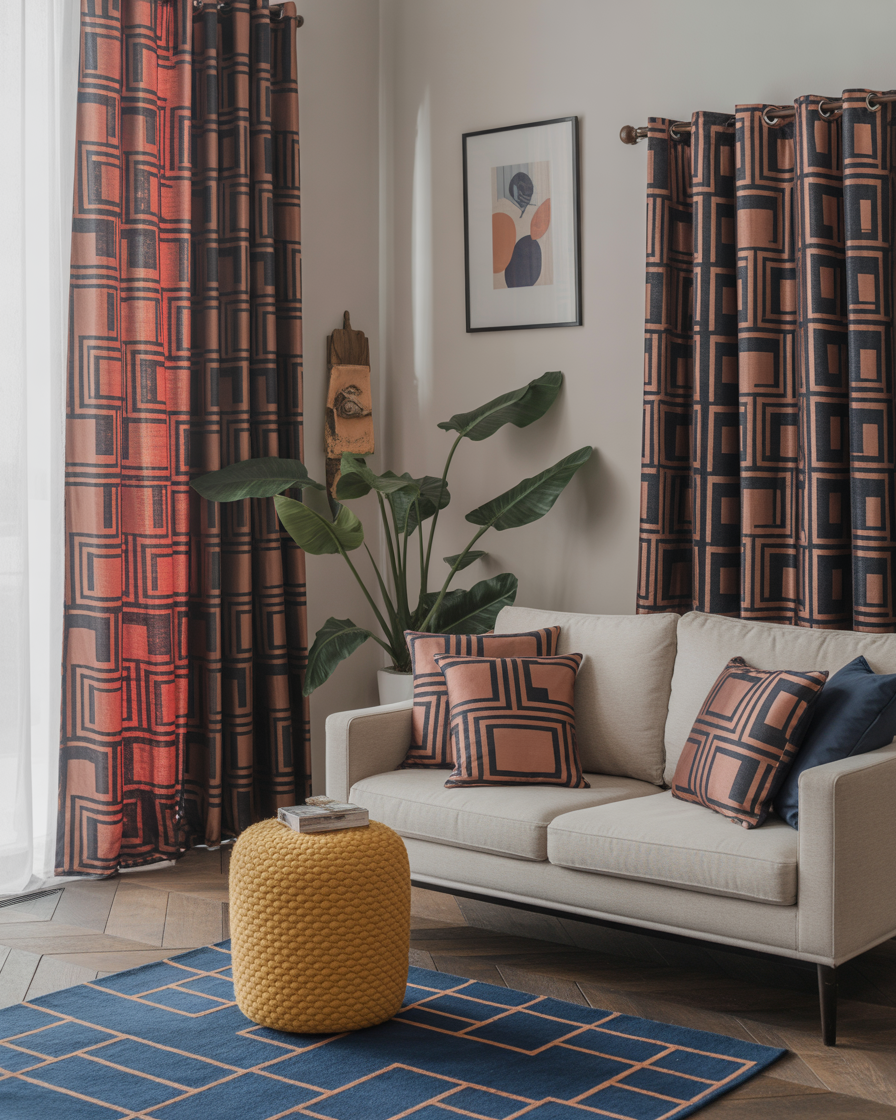 Contemporary living room with geometric blue and orange patterns adding a bold, modern touch.