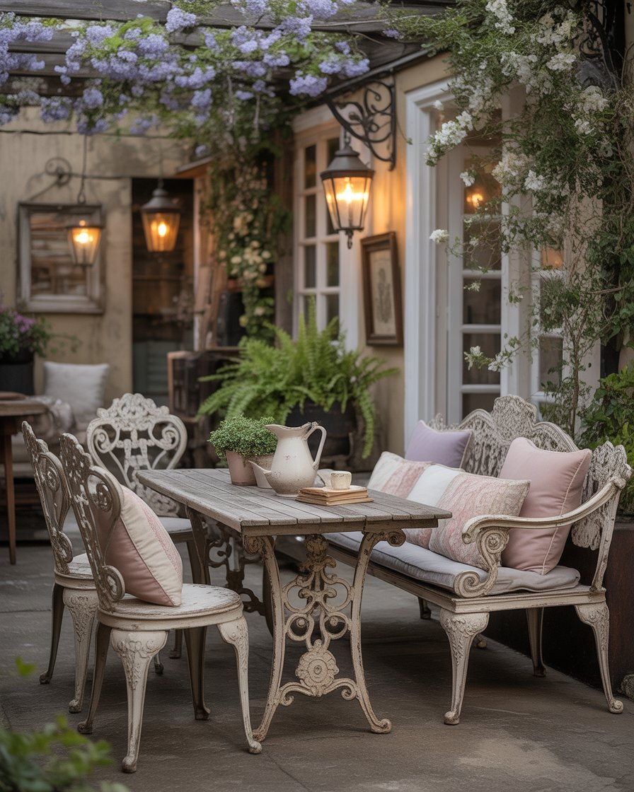A vintage patio with antique furniture, wrought iron chairs, and a wooden table.