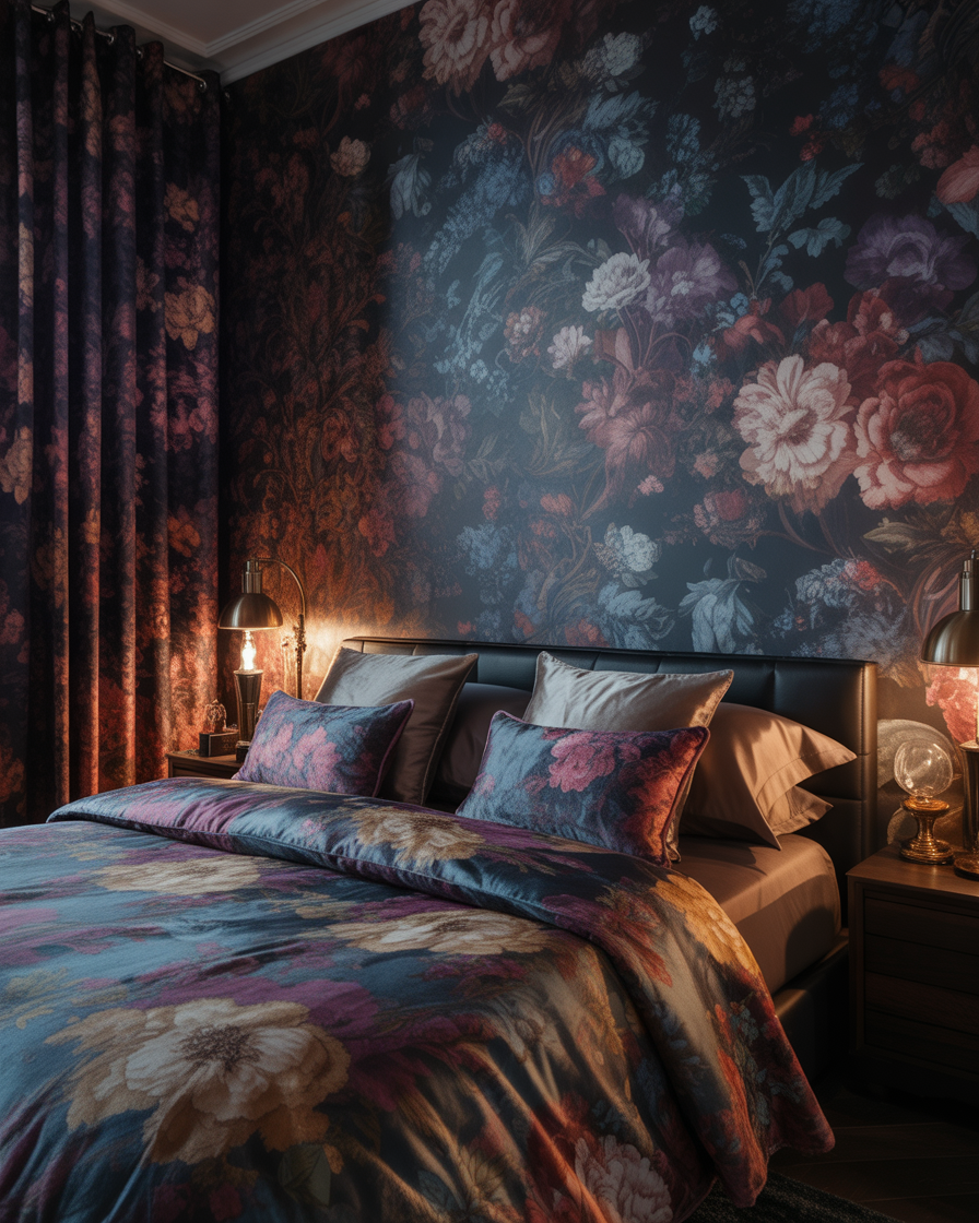 Moody bedroom with dark floral wallpaper adding romance and depth to the space.