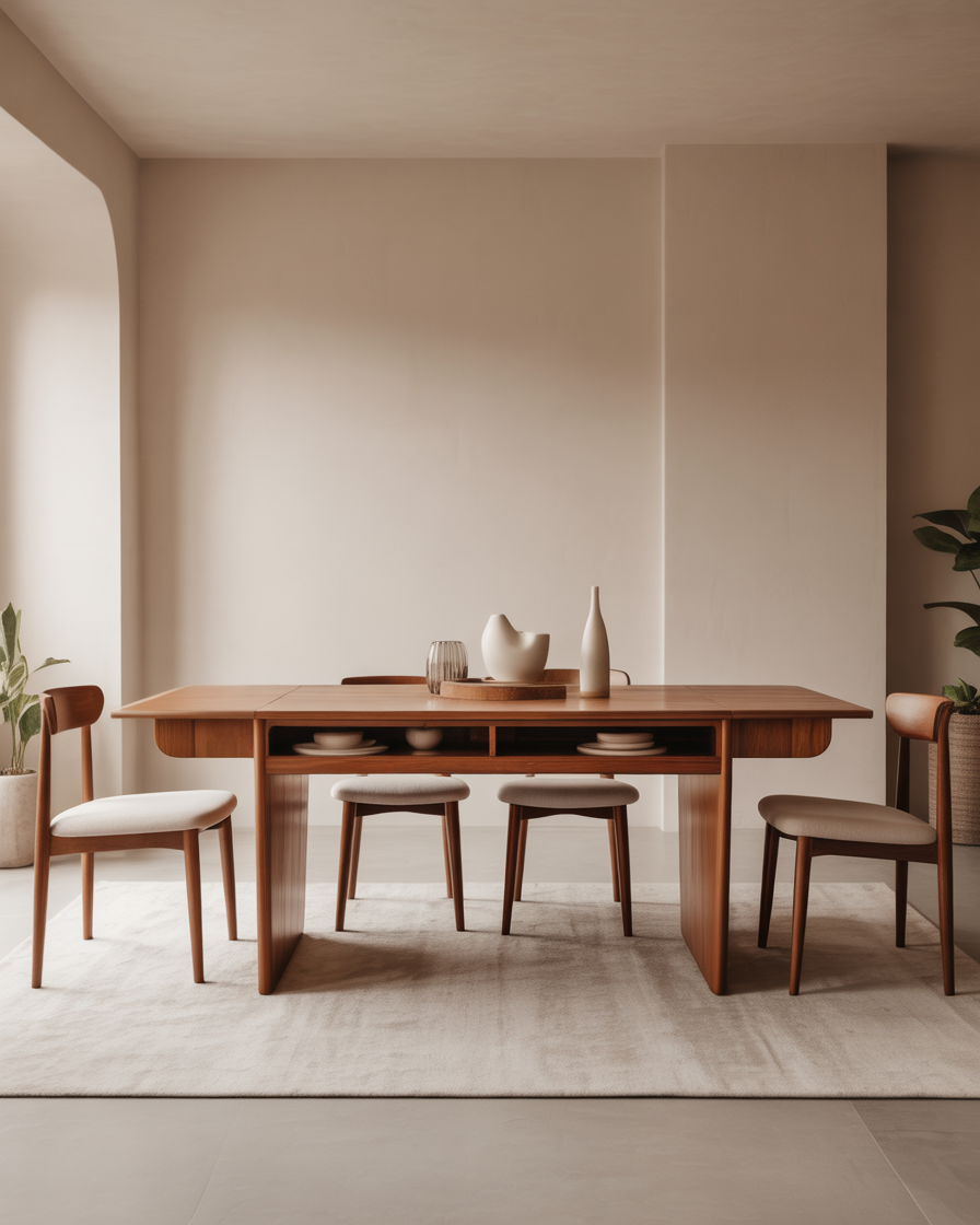 Mid-Century Modern dining table with built-in storage in a minimalist dining room.