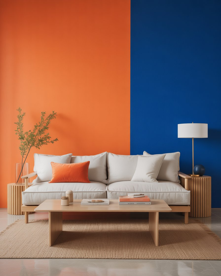 Electric blue walls balanced by neutral decor and vibrant tangerine touches.