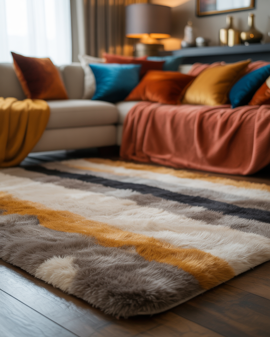 Cozy family room with a soft, textured rug adding warmth and comfort.