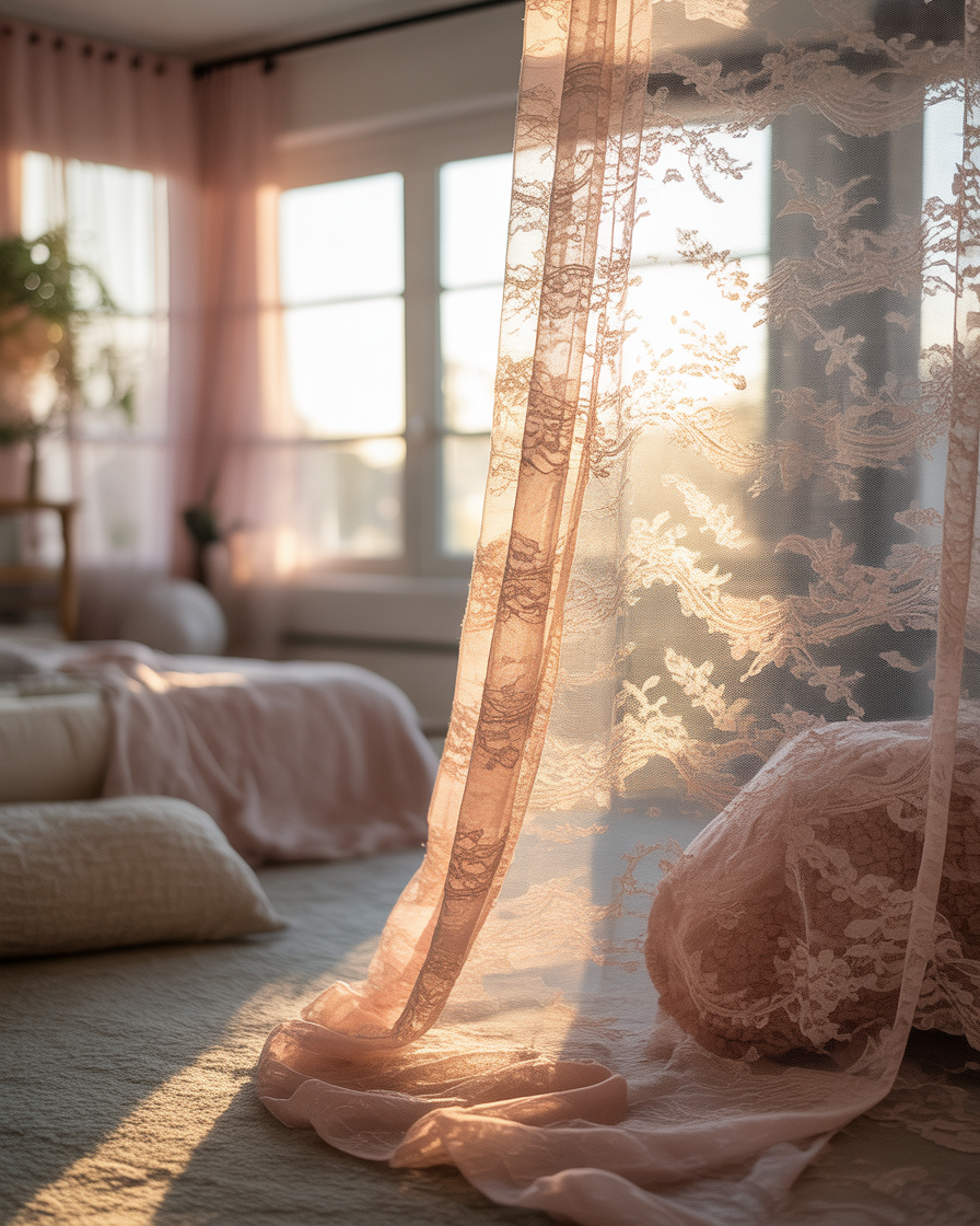 Soft lace window panels in a boho-inspired room.