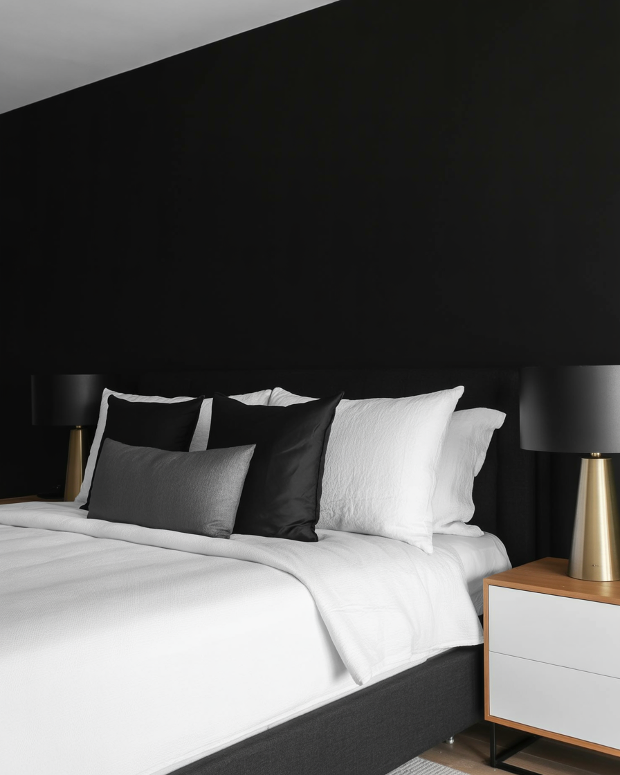 A timeless black-and-white bedroom with bold contrast and sleek, modern décor.