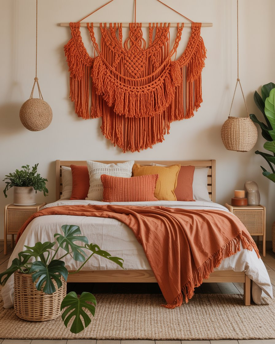A boho bedroom with an orange macramé wall hanging adding texture to the space.