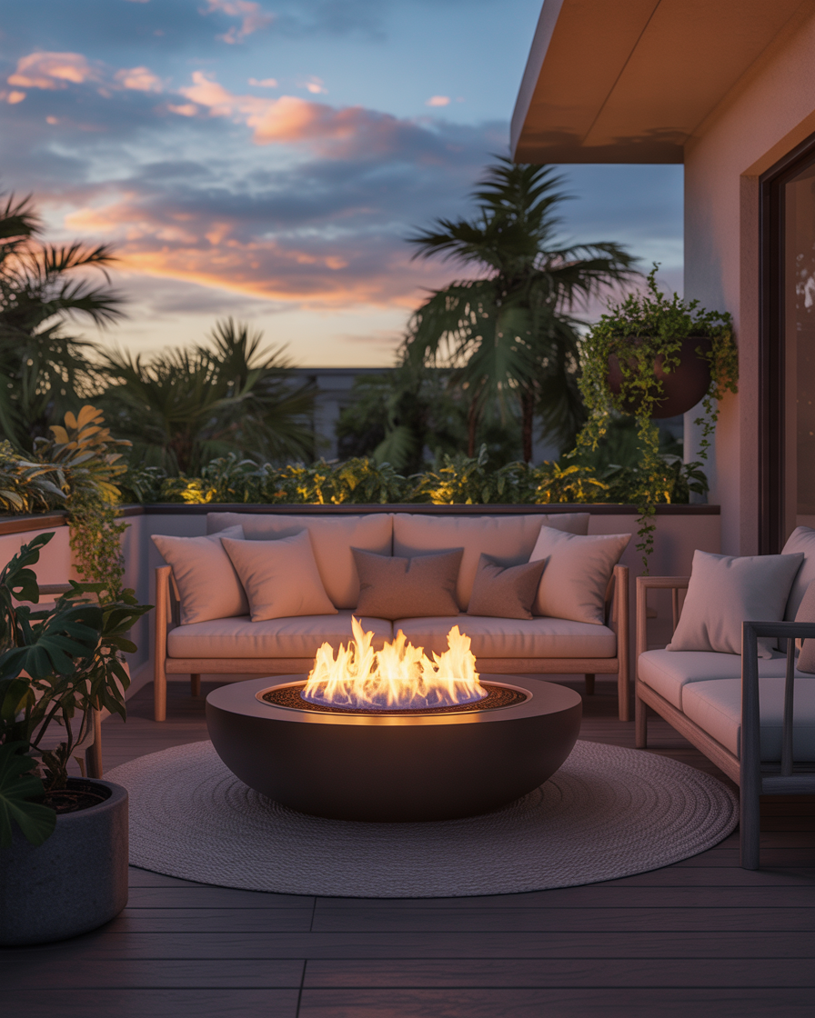 Compact fire pit on a small balcony, creating a cozy and warm ambiance.