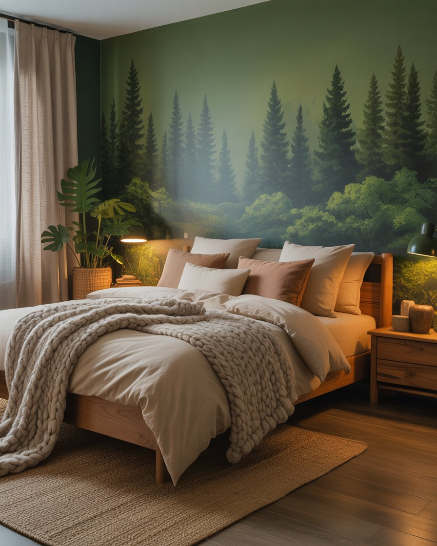 A welcoming bedroom with forest green walls and warm neutrals, offering an earthy, cozy vibe.