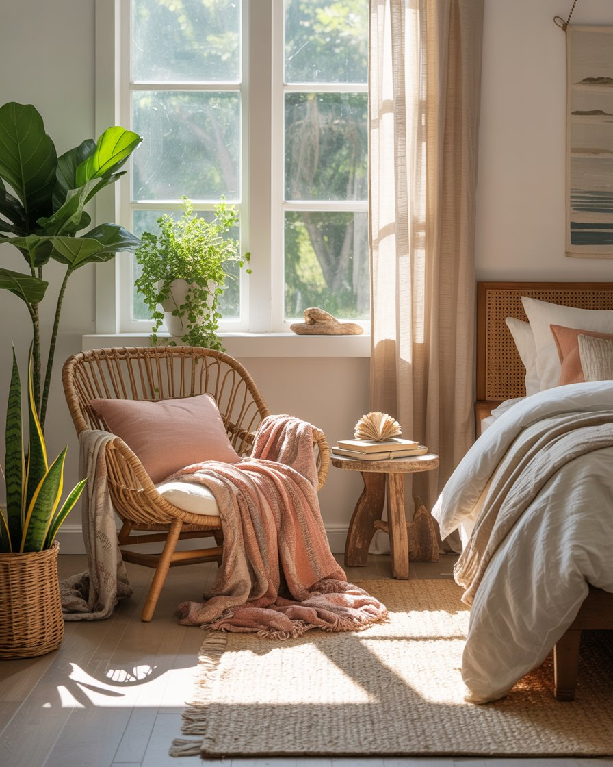 Boho coastal bedroom with a cozy reading nook in the corner.