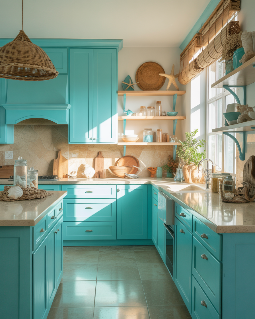 urquoise blue kitchen cabinets paired with coastal décor, creating a beachy, fresh, and breezy atmosphere.
