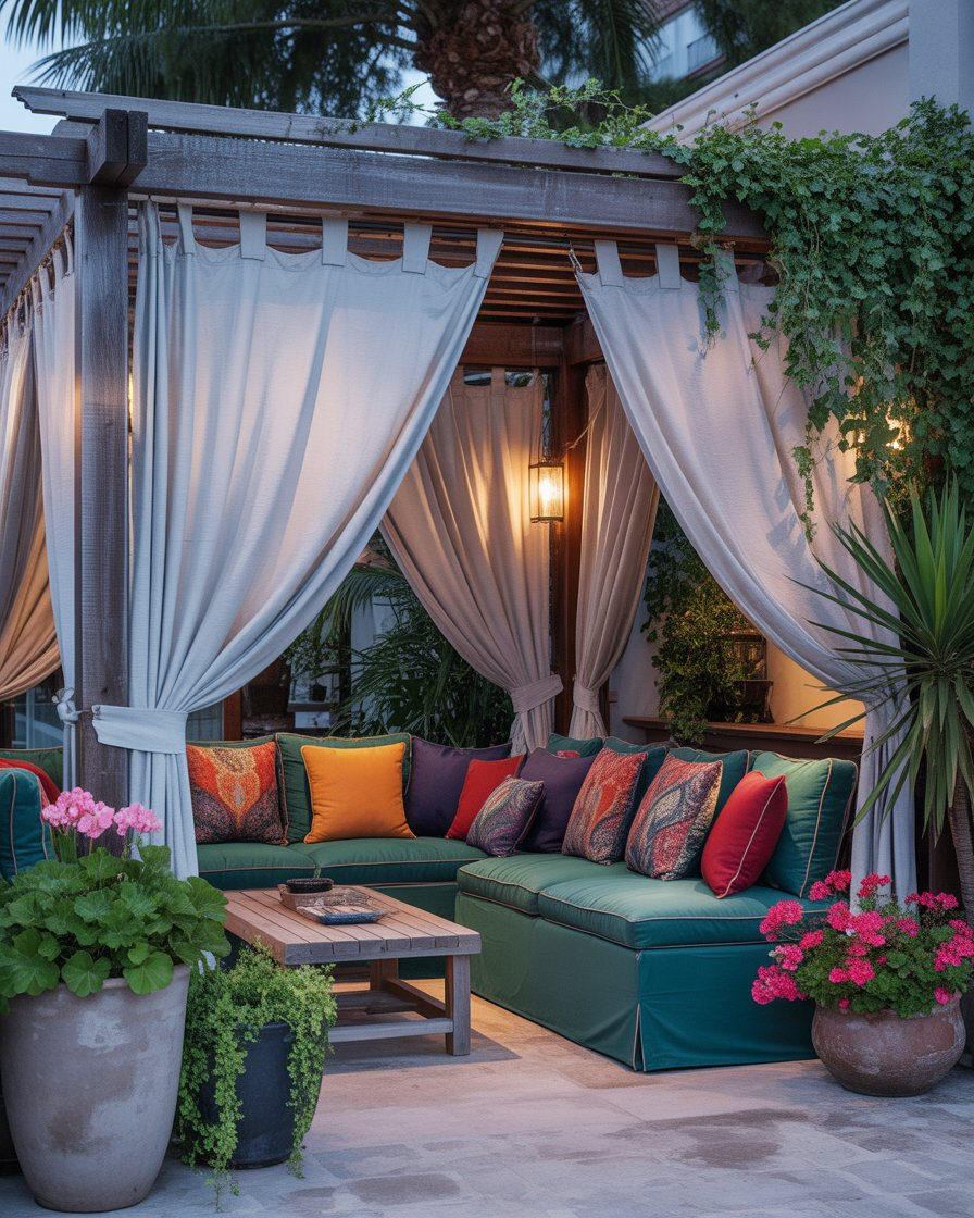 A pergola patio with soft draped curtains, providing shade and elegance.