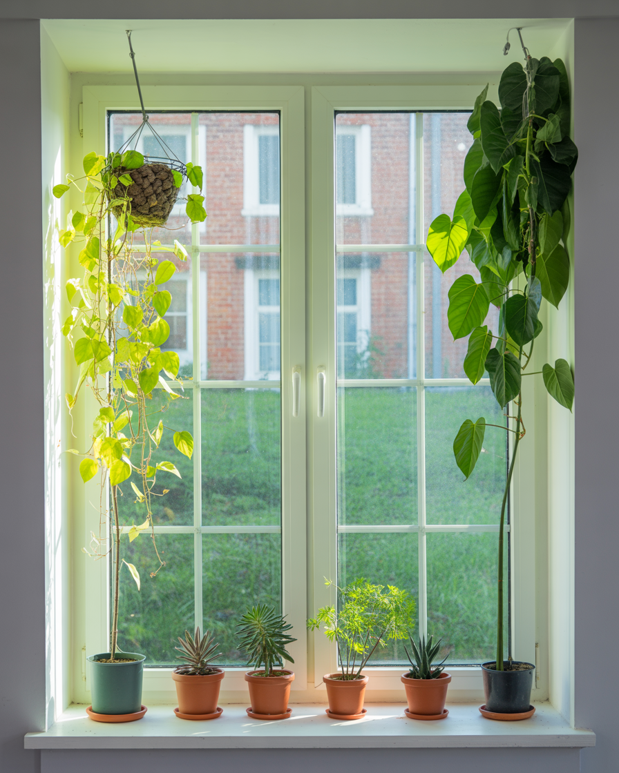 Sunlit window framed with indoor greenery