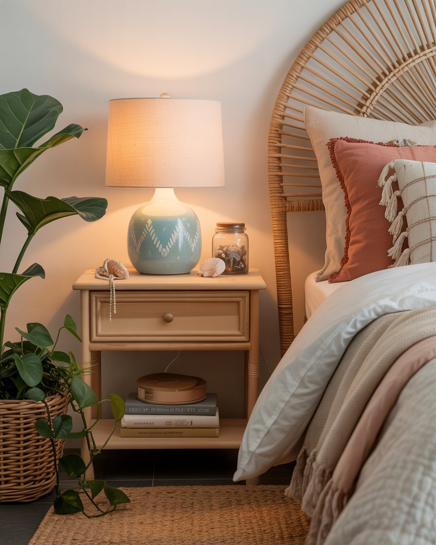 A boho bedroom with a hand-painted light blue ceramic lamp on the nightstand.
