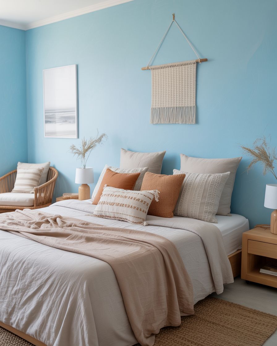 A peaceful boho bedroom with light blue walls and neutral-toned decor.