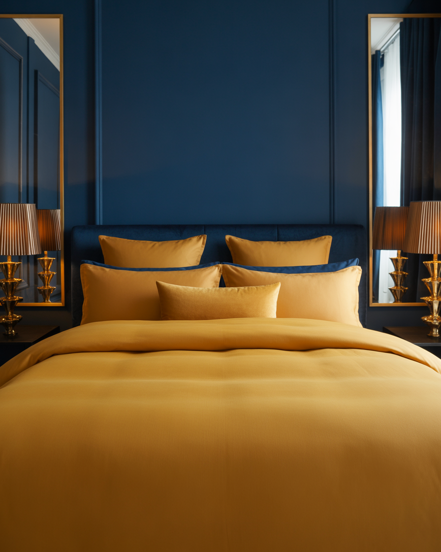 Gold accents elevating the navy blue and mustard yellow bedroom with a touch of luxury.