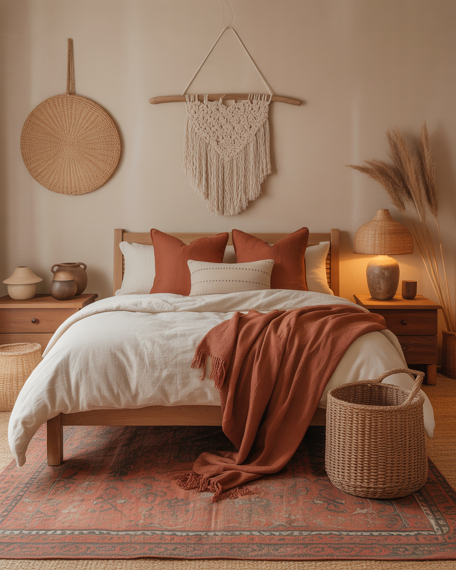 A rustic yet chic bedroom with beige and terracotta hues, offering a warm and inviting atmosphere.