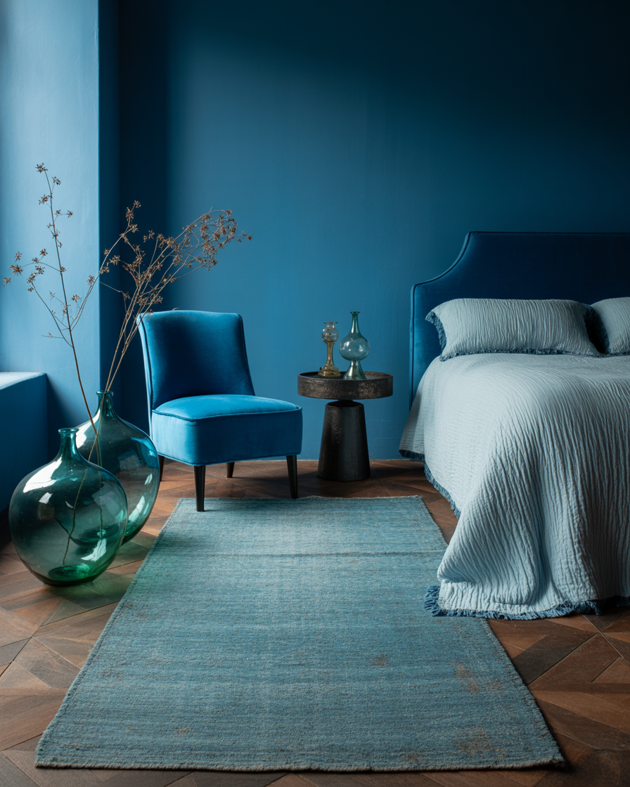 A vintage-inspired blue boho bedroom with retro elements like a velvet chair and antique glass decor.