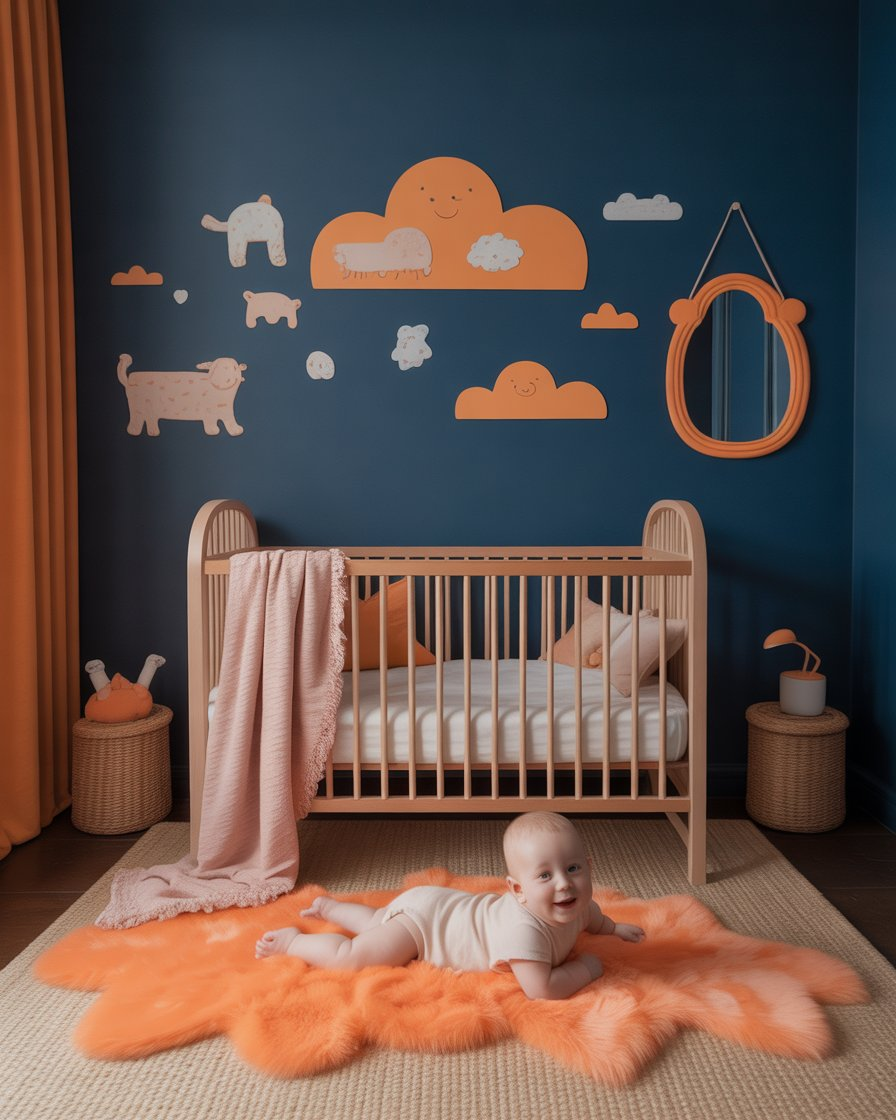 Whimsical dark blue nursery with soft orange accents, creating a peaceful and playful space for babies.