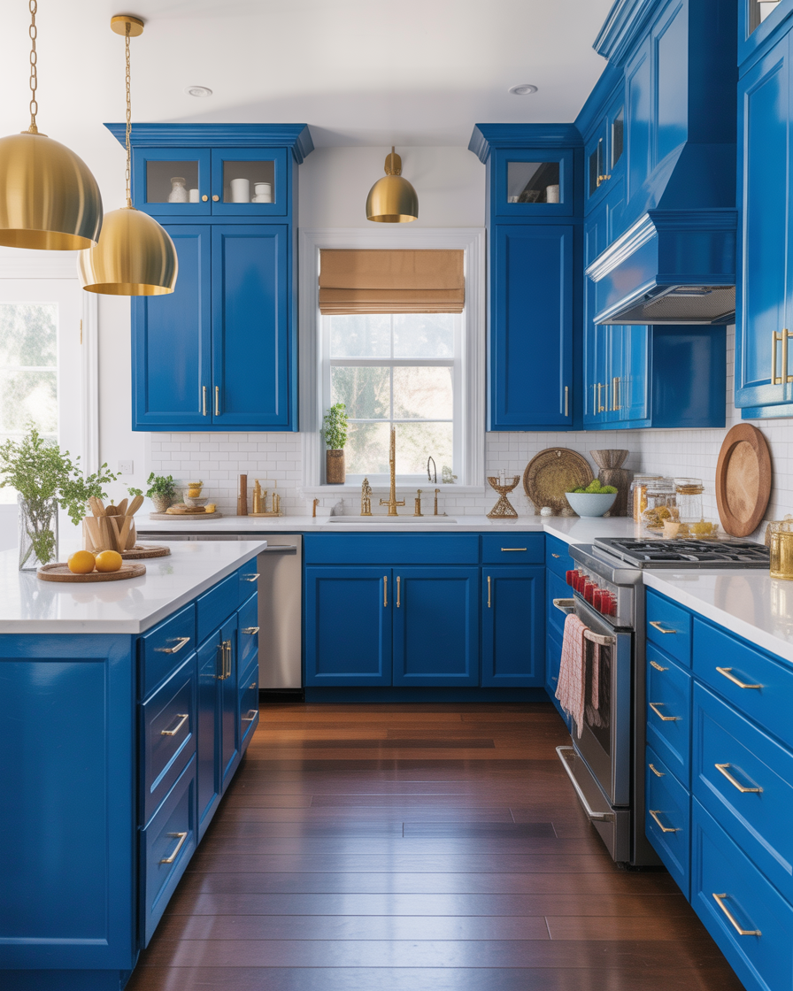 Cobalt blue kitchen cabinets paired with white countertops and gold accents for a bold, dynamic look.