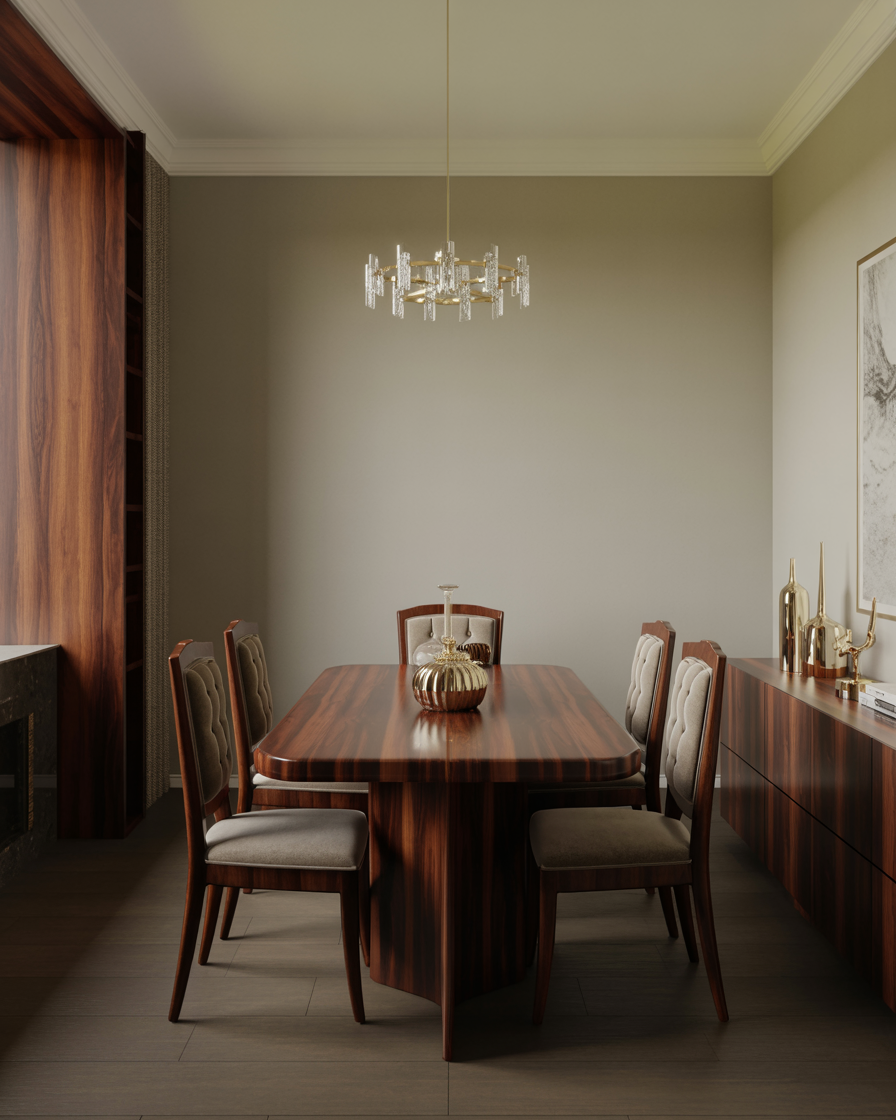 Stylish transitional dining area with plush seating and classic decor.