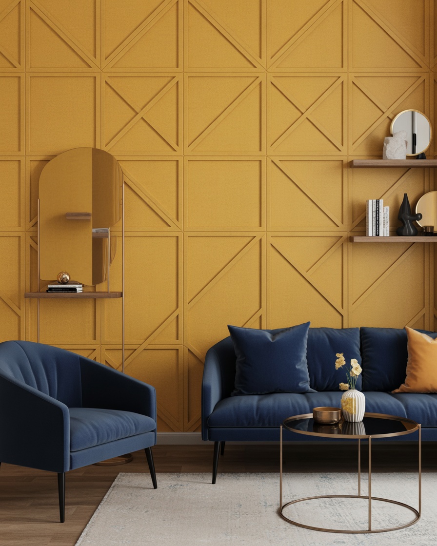 Mustard yellow wallpaper accent wall contrasting beautifully with navy blue furniture.