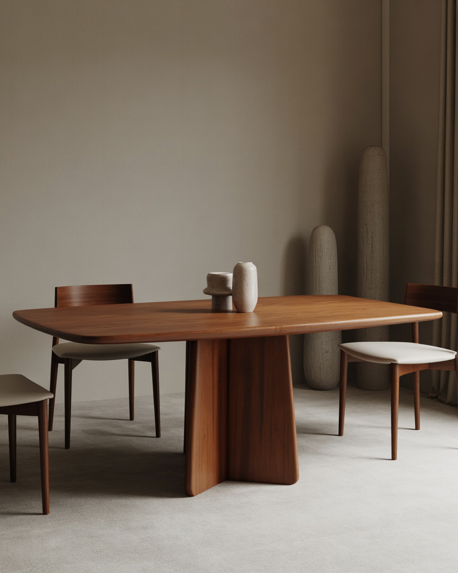  Elegant pedestal base dining table with a wood surface, styled in a minimalist dining area.